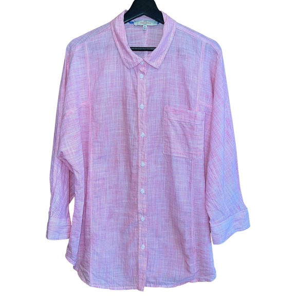 Casa Cabana Button Up Shirt Womens XL Pink Striped 3/4 Dolman Sleeve‎ Pocket - Picture 1 of 8